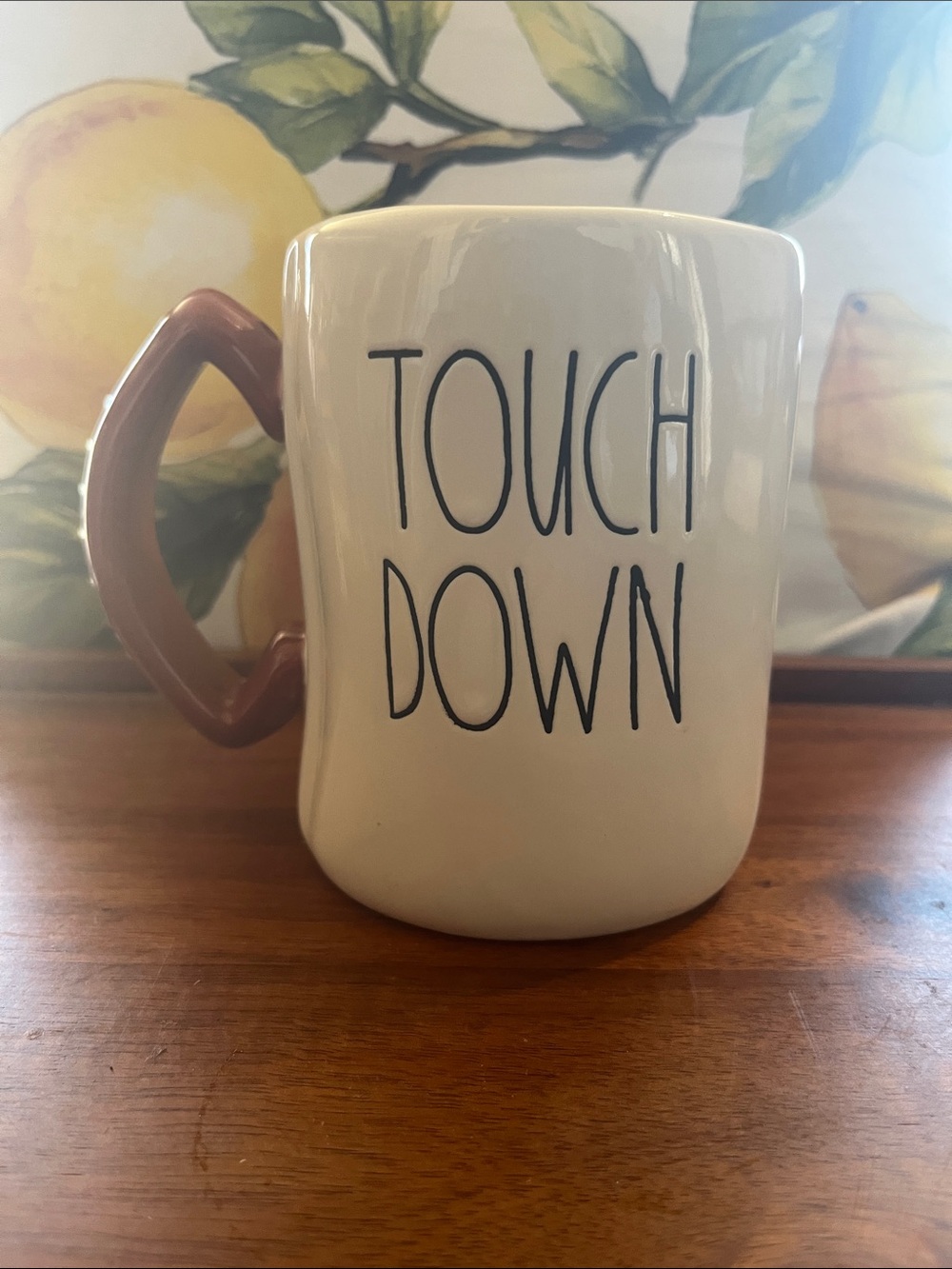 Rae Dunn x Peanuts Cream Ceramic Mug with football Handle - "TOUCH DOWN"